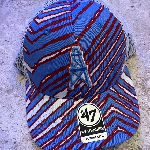 NWT Houston Oilers Hat Retro Trucker Adjustable "47 Zubaz Legacy Strapback Cap - Picture 2 of 11